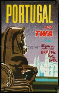 5w0118 TWA PORTUGAL 25x40 travel poster 1960s Monastery of Belem, silhouette art of jet aircraft!