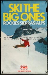 5w0120 TWA SKI THE BIG ONES 25x40 travel poster 1969 cool image of skier & mountains!