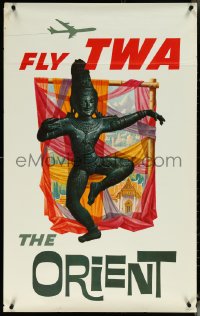 5w0121 TWA THE ORIENT 25x40 travel poster 1960s cool Asian statue artwork by David Klein!