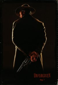 5w1051 UNFORGIVEN teaser DS 1sh 1992 image of gunslinger Clint Eastwood w/back turned, dated design!