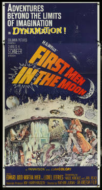 5y0670 FIRST MEN IN THE MOON 3sh 1964 Ray Harryhausen & H.G. Wells, fantastic sci-fi art!