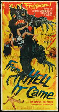 5y0672 FROM HELL IT CAME 3sh 1957 classic artwork of wacky tree monster holding sexy girl!