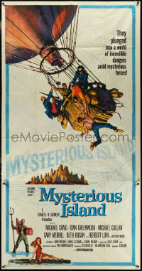 5y0703 MYSTERIOUS ISLAND 3sh 1961 Ray Harryhausen, Jules Verne sci-fi, cool hot-air balloon image!