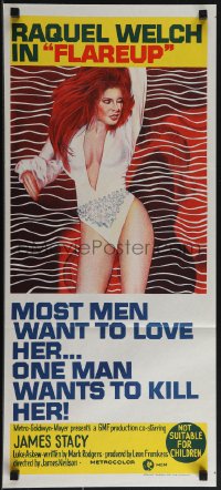 5y0476 FLAREUP Aust daybill 1970 most men want super sexy Raquel Welch, but 1 man wants to kill her!