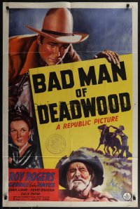 5y1029 BAD MAN OF DEADWOOD 1sh 1941 art of Roy Rogers with gun drawn, Gabby Hayes, Carol Adams!