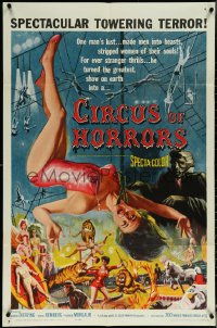 5y1070 CIRCUS OF HORRORS 1sh 1960 wild horror art of super sexy trapeze girl hanging by neck!