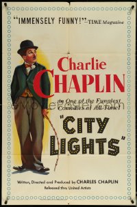 5y1071 CITY LIGHTS 1sh R1950 Charlie Chaplin as the Tramp, classic boxing comedy!