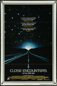 5y1075 CLOSE ENCOUNTERS OF THE THIRD KIND 1sh 1977 Spielberg's sci-fi classic, silver border design!