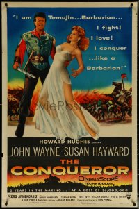 5y1081 CONQUEROR 1sh 1956 barbarian John Wayne grabs half-dressed sexy Susan Hayward!