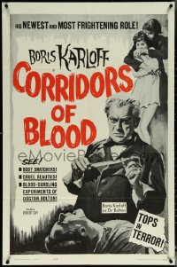 5y1084 CORRIDORS OF BLOOD 1sh 1963 Boris Karloff, Christopher Lee, blood-curdling experiments!