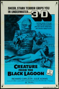 5y1086 CREATURE FROM THE BLACK LAGOON 1sh R1972 art of monster attacking sexy Julie Adams, 3-D!