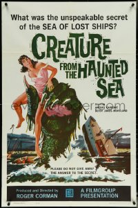 5y1087 CREATURE FROM THE HAUNTED SEA 1sh 1961 great art of monster's hand in sea grabbing sexy girl!