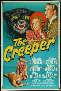 5y1088 CREEPER 1sh 1948 great art of frightened couple and wacky crazed cat showing fangs!