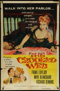 5y1091 CROOKED WEB 1sh 1955 art of super sexy bad girl Mari Blanchard on bed with gun!