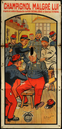 5y0173 CHAMPIGNOL MALGRE LUI French 42x89 1913 Edwin Marin art of soldiers hazing new recruit, rare!