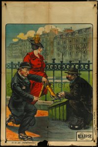 5y0174 POLYCARPE FAIT DE LA MORALE AU CENTIMETRE French 31x47 1914 art of cop inspecting lady, rare!