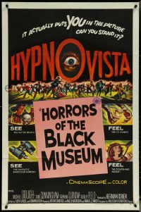 5y1196 HORRORS OF THE BLACK MUSEUM 1sh 1959 an amazing new dimension in screen thrills, Hypno-Vista!