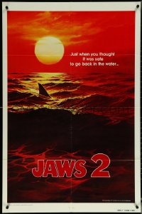 5y1214 JAWS 2 undated teaser 1sh 1978 shark's fin cutting through ocean at sunset by Jack Leynnwood!