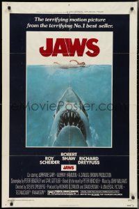 5y1212 JAWS 1sh 1975 Roger Kastel art of Spielberg's man-eating shark attacking sexy swimmer!