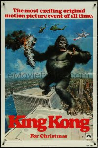 5y1224 KING KONG teaser 1sh 1976 John Berkey art of the BIG Ape standing on the Twin Towers!