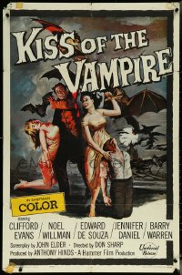 5y1227 KISS OF THE VAMPIRE 1sh 1963 Hammer, cool art of devil bats attacking by Joseph Smith!