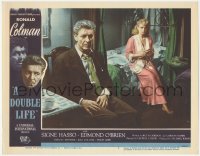 5y0779 DOUBLE LIFE LC #7 1947 pretty Shelley Winters sitting on bed staring at Ronald Colman!