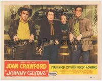 5y0810 JOHNNY GUITAR LC #5 1954 Joan Crawford, Ben Cooper & Scott Brady lined up, Nicholas Ray