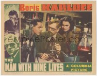 5y0829 MAN WITH NINE LIVES LC 1940 Boris Karloff, Sayers & Pryor in laboratory with microscope!