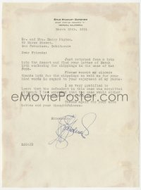 5y0108 ERLE STANLEY GARDNER signed letter 1931 on his stationery, about a case just settled!