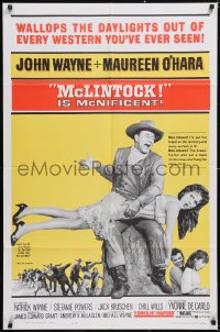 5y1265 McLINTOCK 1sh 1963 includes best image of John Wayne giving Maureen O'Hara a spanking!