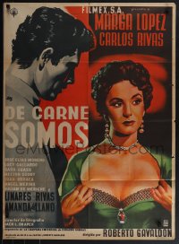 5y0470 DE CARNE SOMOS Mexican poster 1955 artwork of sexy Marga Lopez pulling her shirt open!