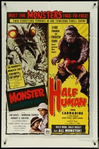 5y1276 MONSTER FROM GREEN HELL/HALF HUMAN 1sh 1957 twin terrifying terrors in 1 towering thrill show!