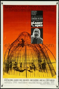 5y1326 PLANET OF THE APES 1sh 1968 Charlton Heston, classic sci-fi, cool art of caged humans!