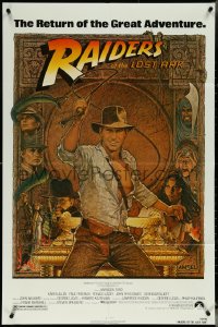 5y1335 RAIDERS OF THE LOST ARK 1sh R1982 great Richard Amsel art of adventurer Harrison Ford!