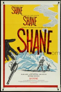 5y1368 SHANE 1sh R1959 most classic western, Alan Ladd, Jean Arthur, Van Heflin, De Wilde!