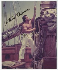 5y0128 STEVE REEVES signed color 8x10 REPRO photo 1980s barechested & pulling rope on huge ship!