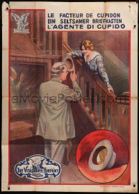 5y0456 FATHER'S HATBAND 39x55 special poster 1913 art of man greeting pretty woman on stairs, rare!