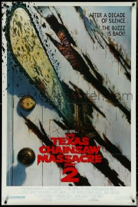 5y1441 TEXAS CHAINSAW MASSACRE PART 2 1sh 1986 Tobe Hooper horror sequel, cool Huston door art!