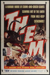 5y1444 THEM 1sh 1954 classic sci-fi, cool art of horror horde of giant bugs terrorizing people!