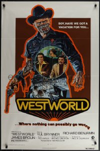 5y1494 WESTWORLD 1sh 1973 Crichton, Neal Adams art of Yul Brynner, tagline with orange shadow!