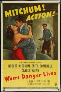 5y1499 WHERE DANGER LIVES 1sh 1950 art of Robert Mitchum holding Faith Domergue + Rains w/gun!