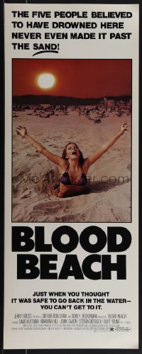 5z0671 BLOOD BEACH insert 1981 Jaws parody tagline, image of sexy girl in bikini sinking in sand!