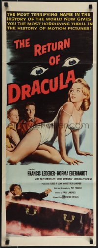 5z0711 RETURN OF DRACULA insert 1958 Lederer, art of girl being watched by creepy vampire eyes!