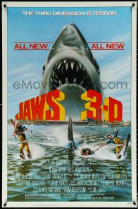 5z0445 JAWS 3-D 1sh 1983 Dennis Quaid, great Gary Meyer shark art, the third dimension is terror!