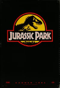 5z0451 JURASSIC PARK teaser DS 1sh 1993 Steven Spielberg, logo with T-Rex over yellow background!