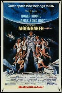 5z0498 MOONRAKER advance 1sh 1979 Goozee art of Moore as Bond 007 & sexy women, blasting off in June!