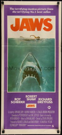 6b0323 JAWS Aust daybill 1975 Kastel art of Spielberg's man-eating shark attacking sexy swimmer!