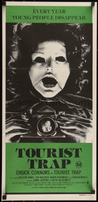 6b0347 TOURIST TRAP Aust daybill 1979 Charles Band, wacky horror image of masked woman with camera!