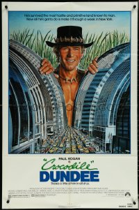 6b0733 CROCODILE DUNDEE 1sh 1986 cool art of Paul Hogan looming over New York City by Daniel Goozee!