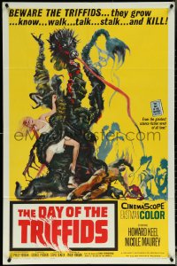 6b0738 DAY OF THE TRIFFIDS 1sh 1962 classic English sci-fi horror, cool art of monster with girl!